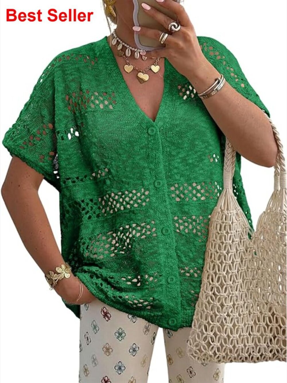 Crochet Cardigan Short Sleeve Knit Open Front Summer Sweater Beach Cover Up